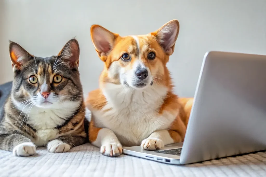 chien et chat devant l'ordinateur portable